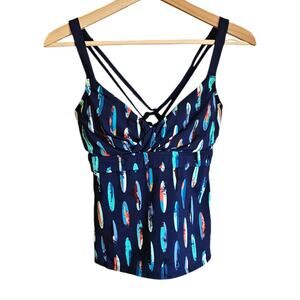 Title Nine Metis 34D Navy Blue Surfboard Print Underwire Tankini Swim Top